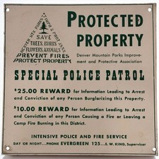 Vintage Denver Mountain Parks Police Patrol Fire Reward Sign Evergreen Colorado picture