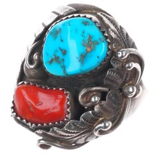 sz11.5 vintage Dan Whitegoat Navajo sterling silver turquoise-coral men's ring picture