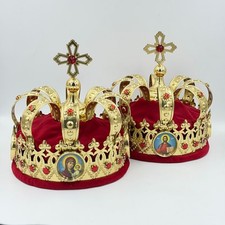 Orthodox Wedding Crowns Pair Brass Engraved Jeweled Church Ceremony GL-21 picture