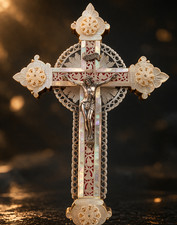 Near Mint Fine Antique Art Nouveau MOP Hand Carved Old Silver Cross Ca 1890 picture