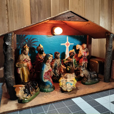 Vtg Mid Century Lighted Musical Nativity Set 9pc Paper Mache Japan Creche Manger picture