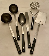 Vintage Flint Arrowhead Stainless Cooking Serving Utensils Set of 6 Black Handle picture