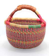 Unique Handwoven African Bolga Basket Leather Handle Multicolor Red Green picture