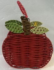 VTG Red Wired Wicker Apple Shaped Basket W/ Beaded Handle Napkin/Utensil Holder picture