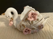 Vintage Porcelain Swan Applied Floral Ashtray Trinket Dish Gold Trim - Wales picture