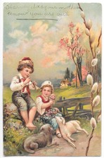 PFB Embossed Easter Postcard Children Piping to Lambs c1910 Divided Back picture