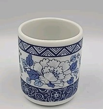 Vintage Porcelain Toothpick Match Holder Floral Blue White Art Pottery Sake Cup picture