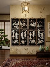 Japanese Black Lacquer MOP HP gold Inlaid Geishas Wall Panels Set of 4 C. 20th C picture
