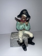 Vintage Cast Metal Pirate On Treasure Chest Hand Painted Coin Bank Missing Plug picture