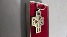 Terra Sancta Brass & Enamel Cross Pendant Israel Vintage 1966 2.25”x1.5” picture