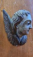 Antique Spanish Baroque Style Carved Wood Polychrome Winged Putto Cherub Angel  picture
