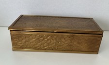 Vintage English Embossed Brass Box Wood Lined Lidded 12” Large Matches Gloves picture