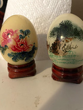 Hand Painted Ceramic Collector Eggs w/ Stands Floral Asian Style Set of 2 picture