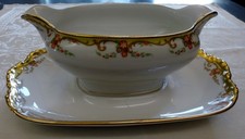 Limoges Vignaud VIG22 Gravy Boat w/attached Underplate Gold Trim Scroll Flowers picture