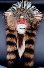 STUNNING Native American Indian Chief Warrior Face Head Mask Fur Vtg Wall Art picture