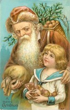 Embossed Christmas Postcard 642 Santa in Brown & Sailor Suit Boy, Fruit & Sweets picture