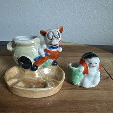 VTG Porcelain Ashtray Toothpick Anthropomorphic Pig Japanese Figurine 2 Item Lot picture