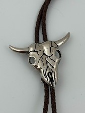 Vintage Bolo Tie Western Cowboy Southwest Steer Bull Skull Silver Stone  picture