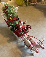 Vintage Florabelle Flowers Red Plastic Sleigh Centerpiece w/ Santa and Reindeers picture