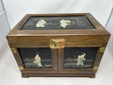 Asian Chinese Wooden Large Jewelry Box or Chest w/Stone Figure Overlays Vintage picture