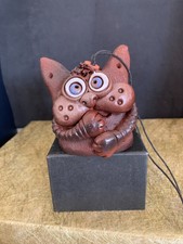 Chubby Cat Ceramic Vintage Brown Tan Round Kitty Figurine with string picture