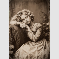 Young Girl Curls Photo Post Mortem Print Funeral Flowers Victorian Photograph picture