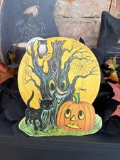 VTG Small  1950s/60s Die Cut Featuring Spooky Tree, Cat, Owl, And Jack-o-lantern picture