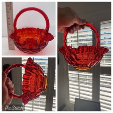 VINTAGE  FENTON GLASS  THUMBPRINT BASKET AMBERINA RED YELLOW GRADIENT RUFFLED picture
