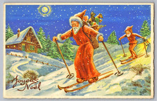 Signed JuB Vintage French Christmas Postcard Santa Claus Elf Skiing Moon Cottage picture