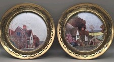 Vintage Pair Brass Butterfly Wall Plaques English Village Prints Made in England picture