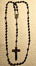 Antique Ebony Beaded Christian Rosary w/ Center Medal, Metal Crucifix (Italy) picture