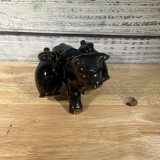 vintage three-piece redware black glaze bull salt and pepper shaker set picture