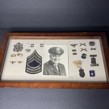 WWII Era US Army Military Memorabilia Shadow Box Insignia Badges Photo picture