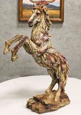 Rustic Western Rearing Prancing Horse in Faux Wooden Carving Resin Figurine picture