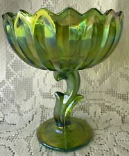 Green Carnival Glass Lotus Flower Footed Compote Dish From Indiana Glass picture