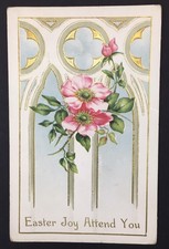 Easter Joy Attend You Pink Flowers Religious Motif Embossed Whitney Postcard picture