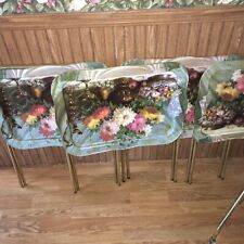 Mid Century  Floral Metal TV Trays Set Folding w/rolling Stand 10 piece picture