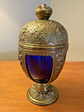 Vintage PNCW Brass Plated Repousse Metal Cobalt Blue Glass Chalice Egg Dish USA picture