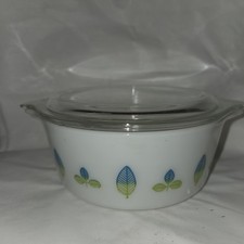 Vintage RARE 1959 Promo Pyrex Round Blue Green Leaf Casserole Dish w/ Lid #472 picture