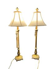 VTG Pair of Tall Berman Antique Gold Tone Buffet Lamps With Shades and Tassels picture