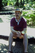 c1970's 35mm Slide, Man Portrait, Striped Polo Shirt Visor red blue Wooden picture