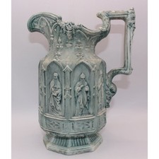 Vintage 1968 Ceramic Apostles Pitcher Gothic Relief Jug Blue Dry Brush picture