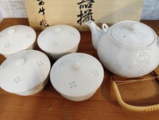 Unused Japanese Arita Tea Set Kyusu Teapot 4 Yunomi Cups Hotaru-yaki Karakusa picture