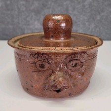 Vintage Studio Pottery Face Jug Jar Lidded Grotesque Clay Pot Folk Art Signed picture
