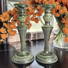 Vintage Metal Verdigris Pedestal Candlesticks Holders Pair Faux Green Patina 9” picture