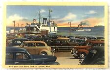 State Car Train Ferry Dock St Ignace MI  Autos, LINEN Postcard 1940s, non posted picture