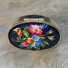 Vintage Oval Gold Tone Metal Floral Trinket Box w/ Hinged Decorative Lid picture