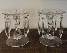 (2) Gorgeous Vintage Crystal Candlestick Candle Holders w/Hanging Prisms - EC picture