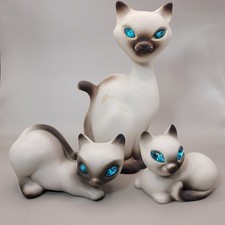 Vintage Roselane California Pottery Siamese Cats Aqua Rhinestone Eyes Set of 3 picture