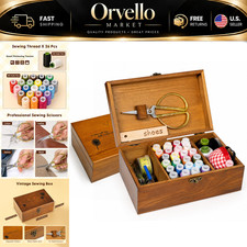 Sewing Kit with Wooden Box & Accessories - Vintage Home Basket for Beginners & R picture